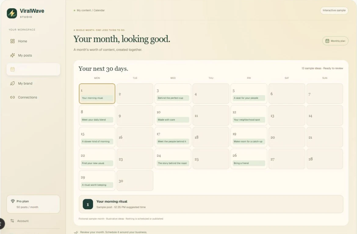Interactive homepage calendar preview for a fictional month. Your account calendar uses your own post titles and publishing statuses.