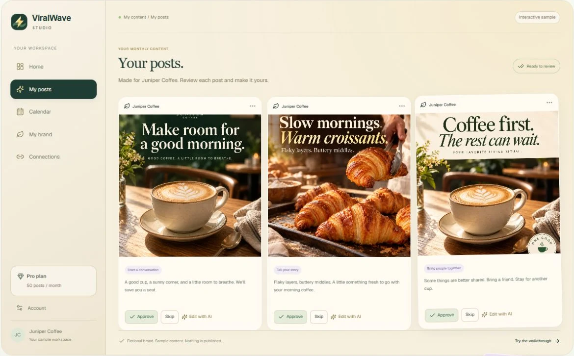 Homepage product preview with a fictional brand. Your own posts appear in My posts.