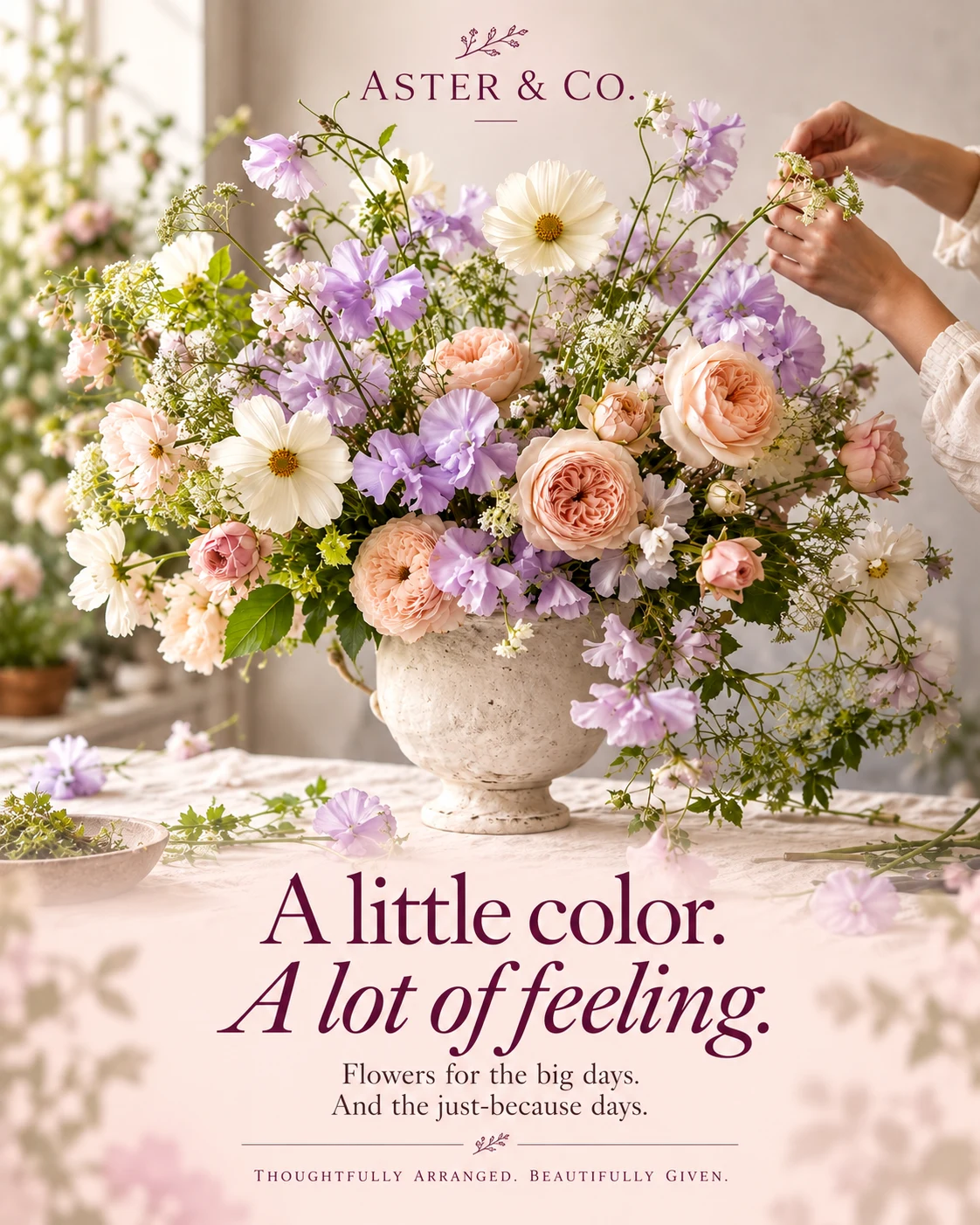 Aster & Co.: A little color. A lot of feeling. A florist arranging pastel garden flowers in a handmade vase.